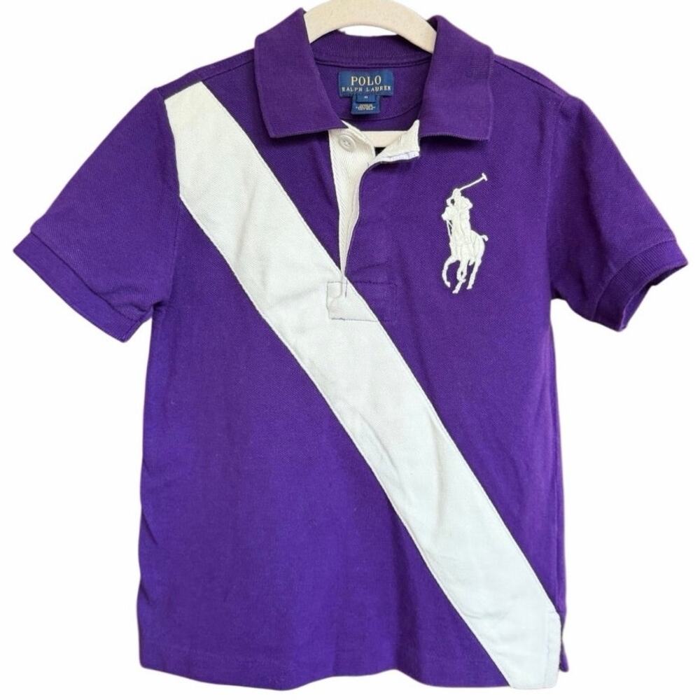 Polo Ralph Lauren Big Pony Crest Diagonal Stripe Purple Polo Shirt Boys Size 6